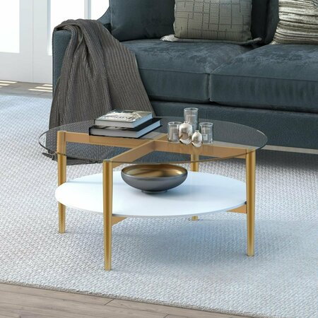 HENN & HART Otto 36 in. Brass Finish Coffee Table with White Lacquer Shelf CT0139